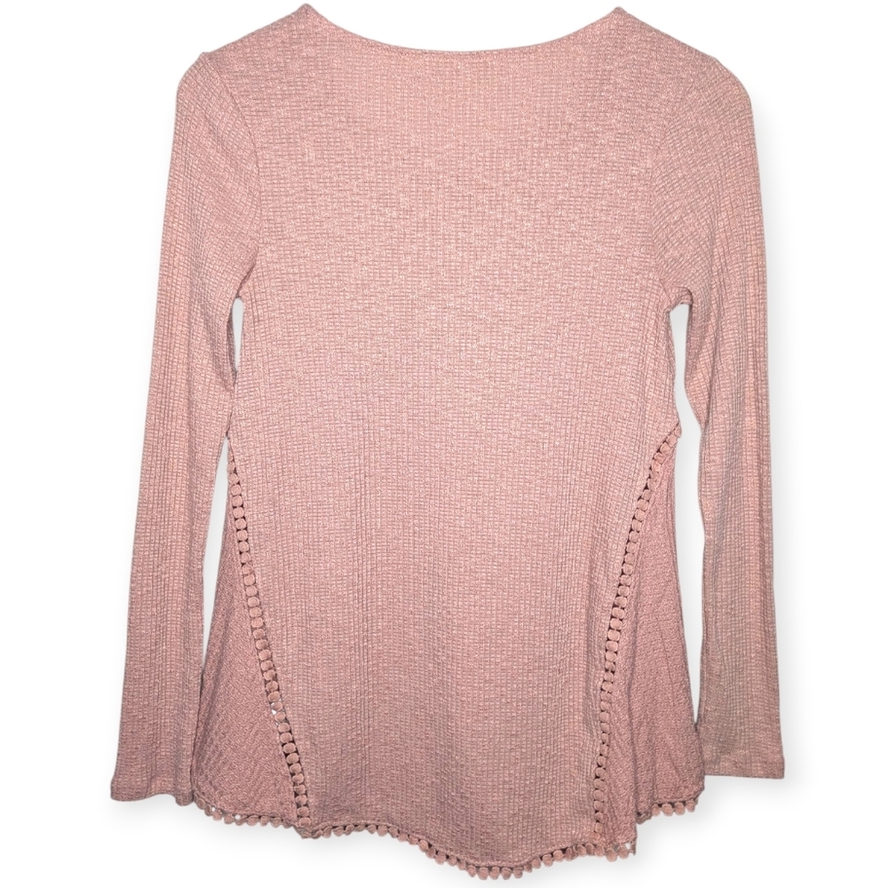 Anthropologie Eri + Ali Top Small Pink Waffle Knit Thermal Crochet Trim Boho - Picture 3 of 12